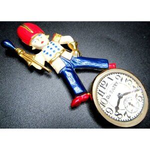 DU BARRY Marching Band Enamel Faux Watch Figural Enamel Vintage Pin Brooch